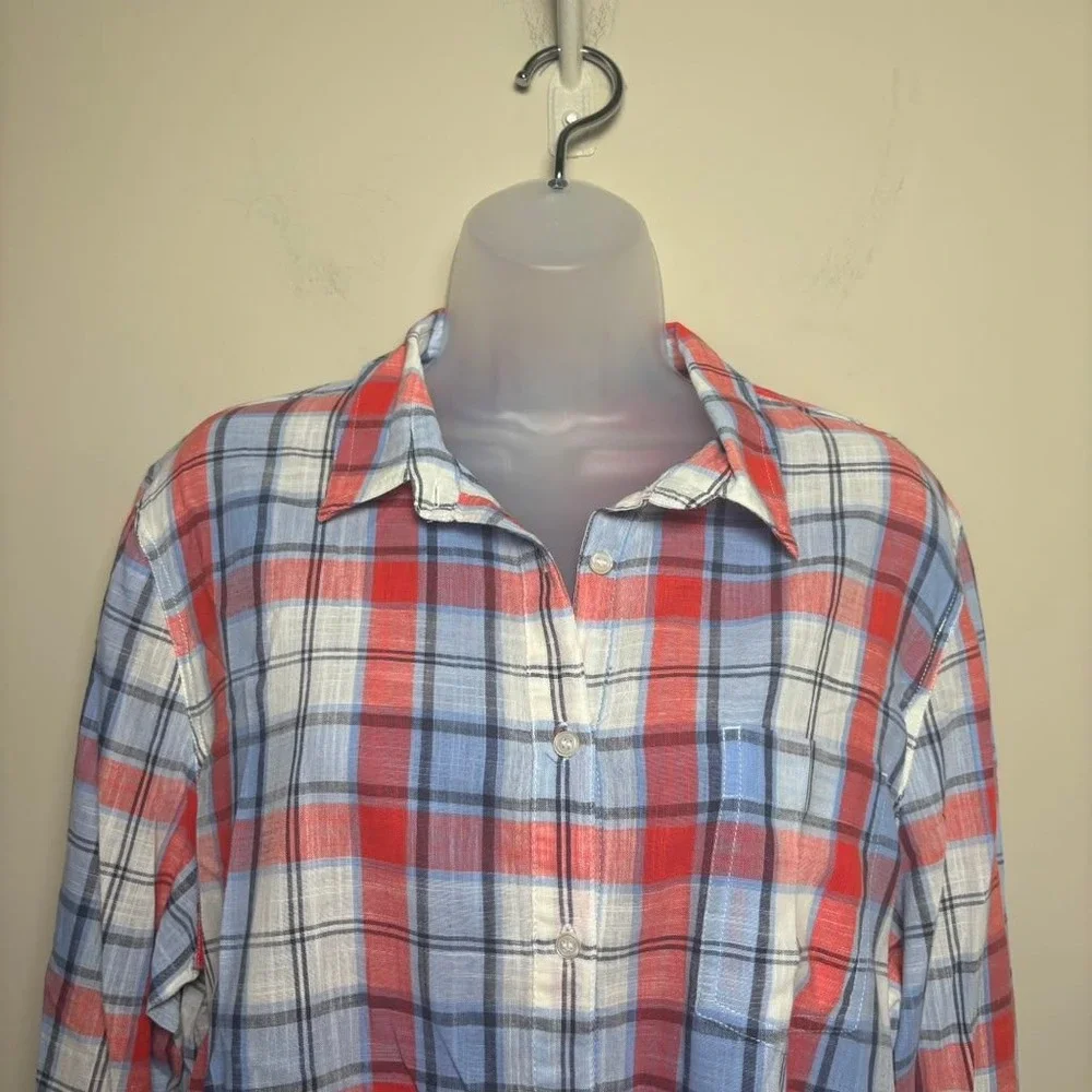 JCrew Blue Red Plaid Gauze Popover Long Sleeve Half Button Shirt Blouse Women XL